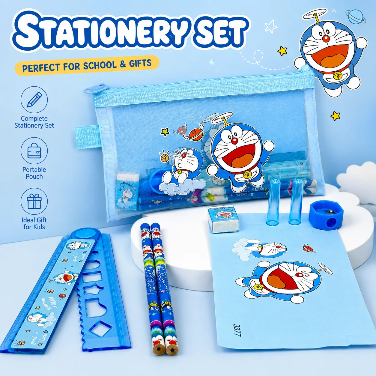 Stationery Supplier - かわいい青い猫のキャラクターが描かれた子供用文具セット。鉛筆、定規、鉛筆削り、ペンケース、消しゴムが含まれています。新学期や誕生日プレゼントに最適。
